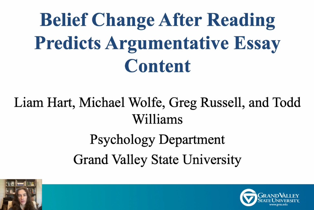 Poster displaying the talk title Belief Change After Reading Predicts Argumentative Essay Content